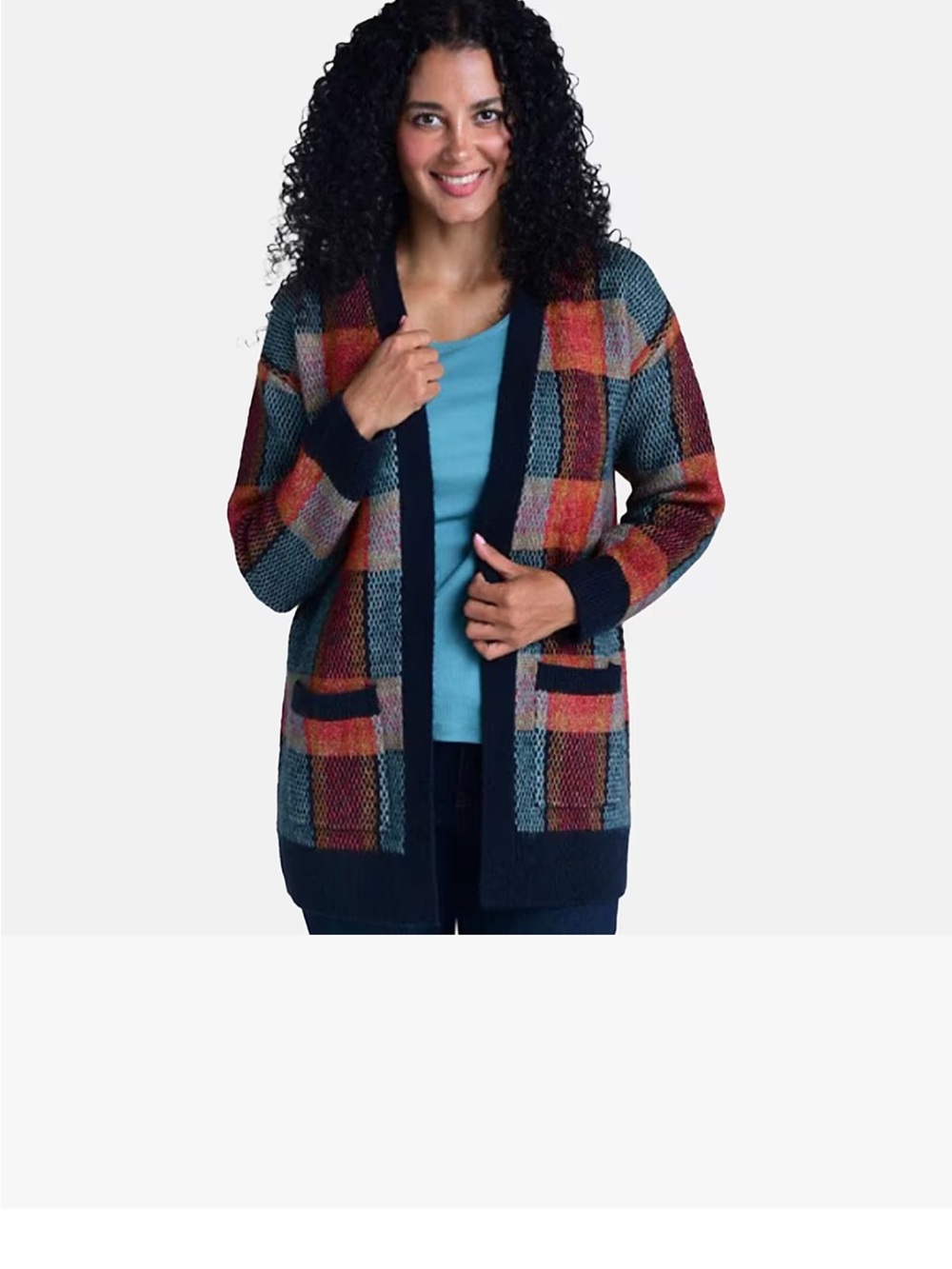 Open-Front Multi-Color Plaid Cardigan Sweater